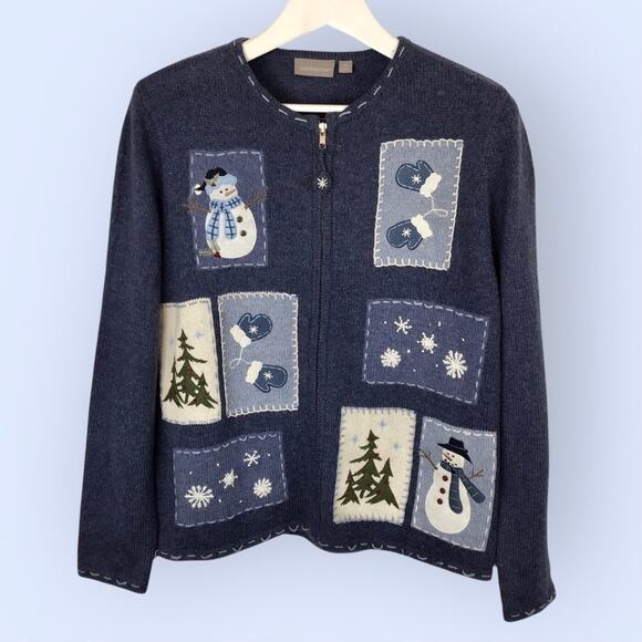 Croft & Barrow Blue Christmas Cardigan Patchwork Full Zip Sweater Snowman - Picture 2 of 11